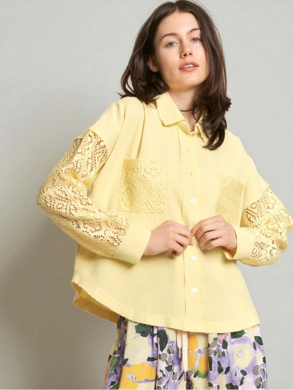 J.NNA Lemon Crochet Sleeve Button Top